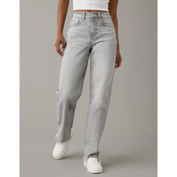 American Eagle Outfitters Denim - AE Rhinestoned Super High-Waist Baggy-Straight Glacier Gray Raw Hem Strigid Jean